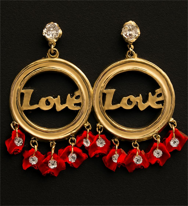 "Love" Gold-Plated Chandelier Earrings with Red Petals