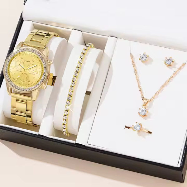 5PCS Set Luxury Watch Women Ring Necklace Earring Rhinestone